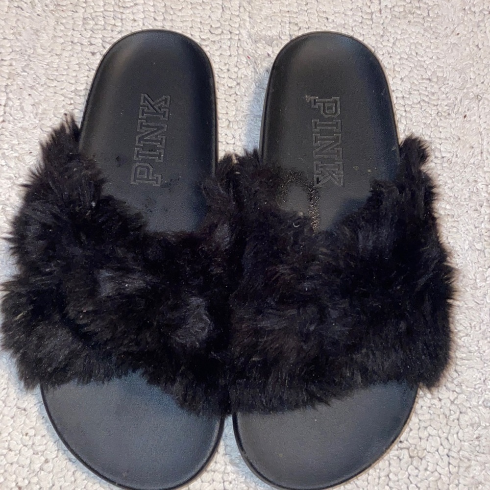 Used Victoria secret Pink furry black slippers!